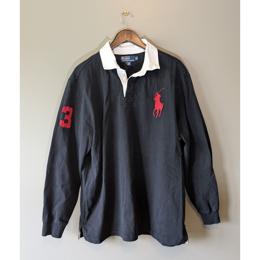 Vintage Polo Ralph Lauren Mens XL Big Pony 3 Rugby Shirt Black Red Long Sleeve